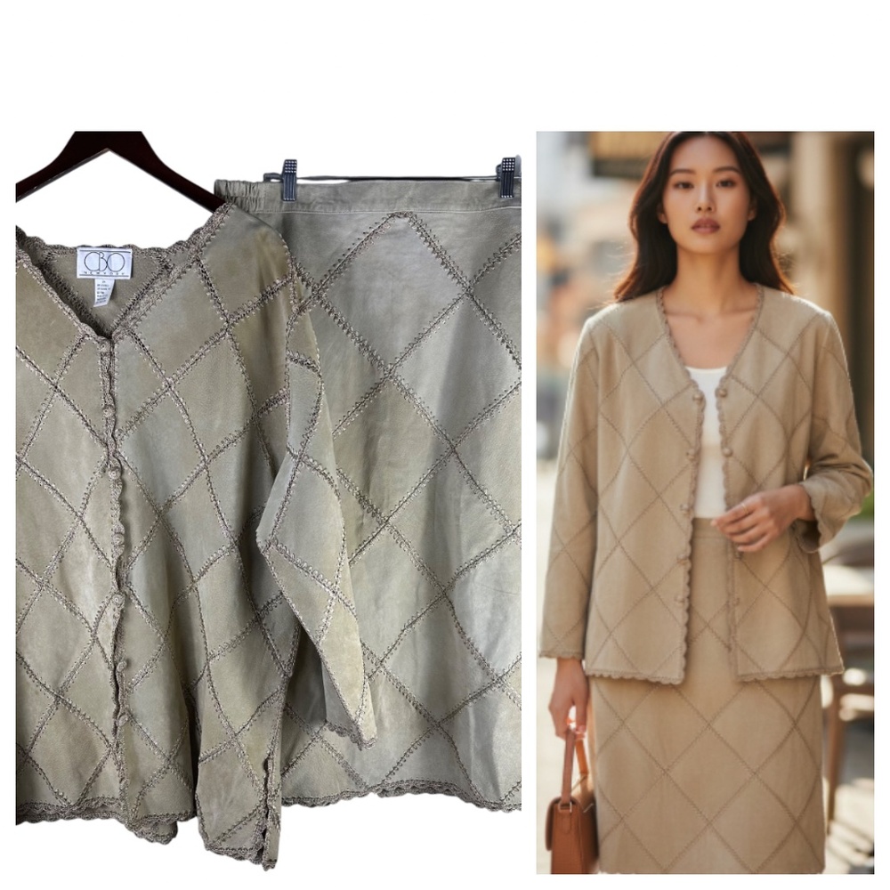 Vtg CBO New York 2 pc Set Skirt Shirt Jacket Sz 2X 18 20 Leather Tan Patchwork